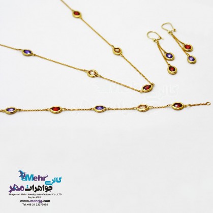 سرویس طلا - گردنبند و گوشواره و دستبند - طرح سنگ های رنگی-SS0249